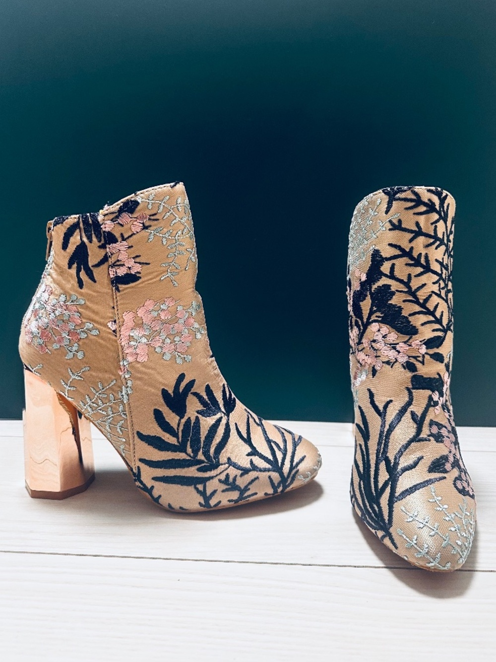 So Me- Embroidered Brocade Cherry Blossom Rose Gold Octagon Heel Ankle Boot